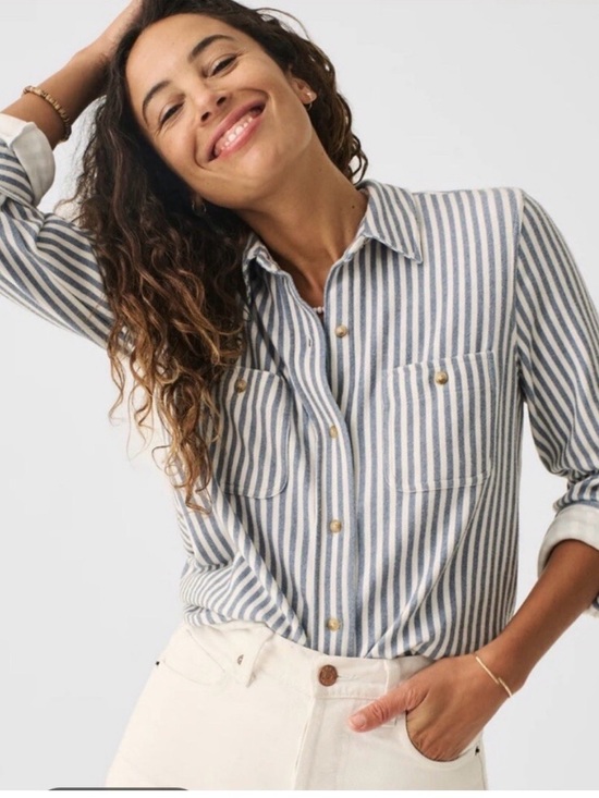 Faherty Tops - Faherty Blue & White Striped Button-Down “Legend Sweater” Shirt